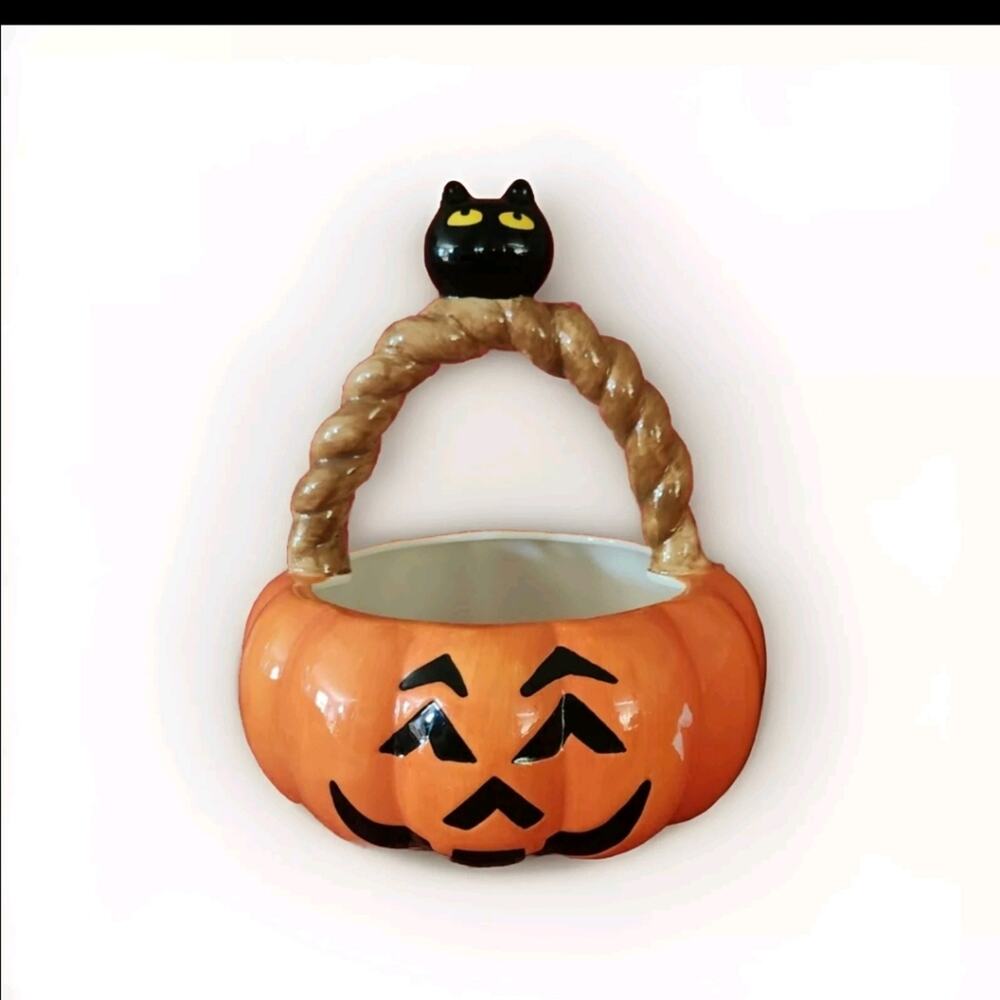 Ceramic Halloween Basket - Pumpkin Candy Dish 14 In Tall By 12 In Wide
